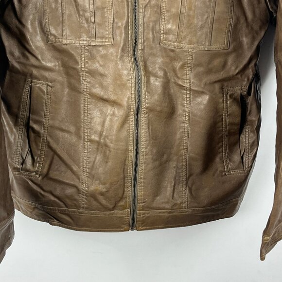 Point Zero Faux Leather Bomber Jacket Size S Brown Long Sleeve Band Collar Zip - Picture 4 of 9